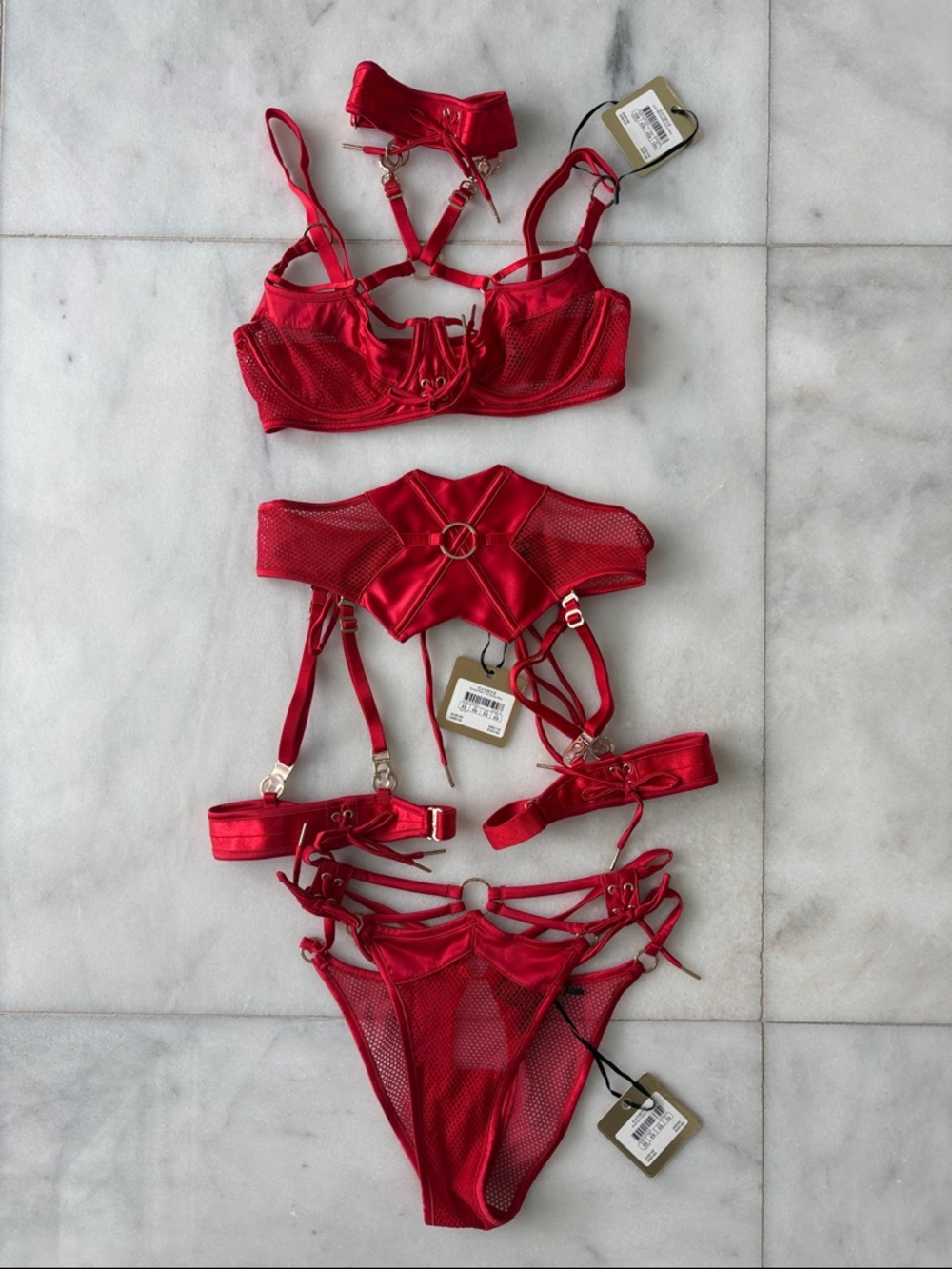 Honey Birdette  Red Strappy Mesh Lingerie Set